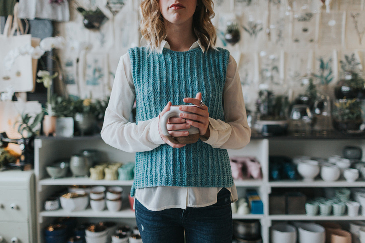 Waterrock Vest by Jennifer Sadler- HEAVY DK/WORSTED WEIGHT- chest sizes (finishes) 30.5 -54.5" - uses 520- 770 yards