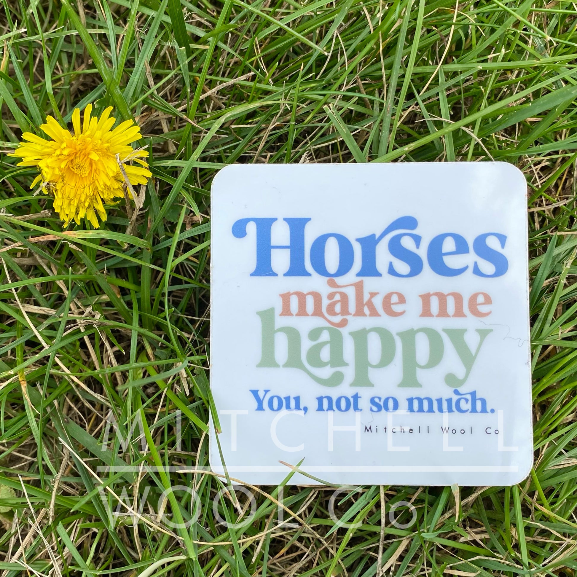 White rounded 3" square sticker with blue, orange, and green writing that reads "horses make me happy, you not so much"