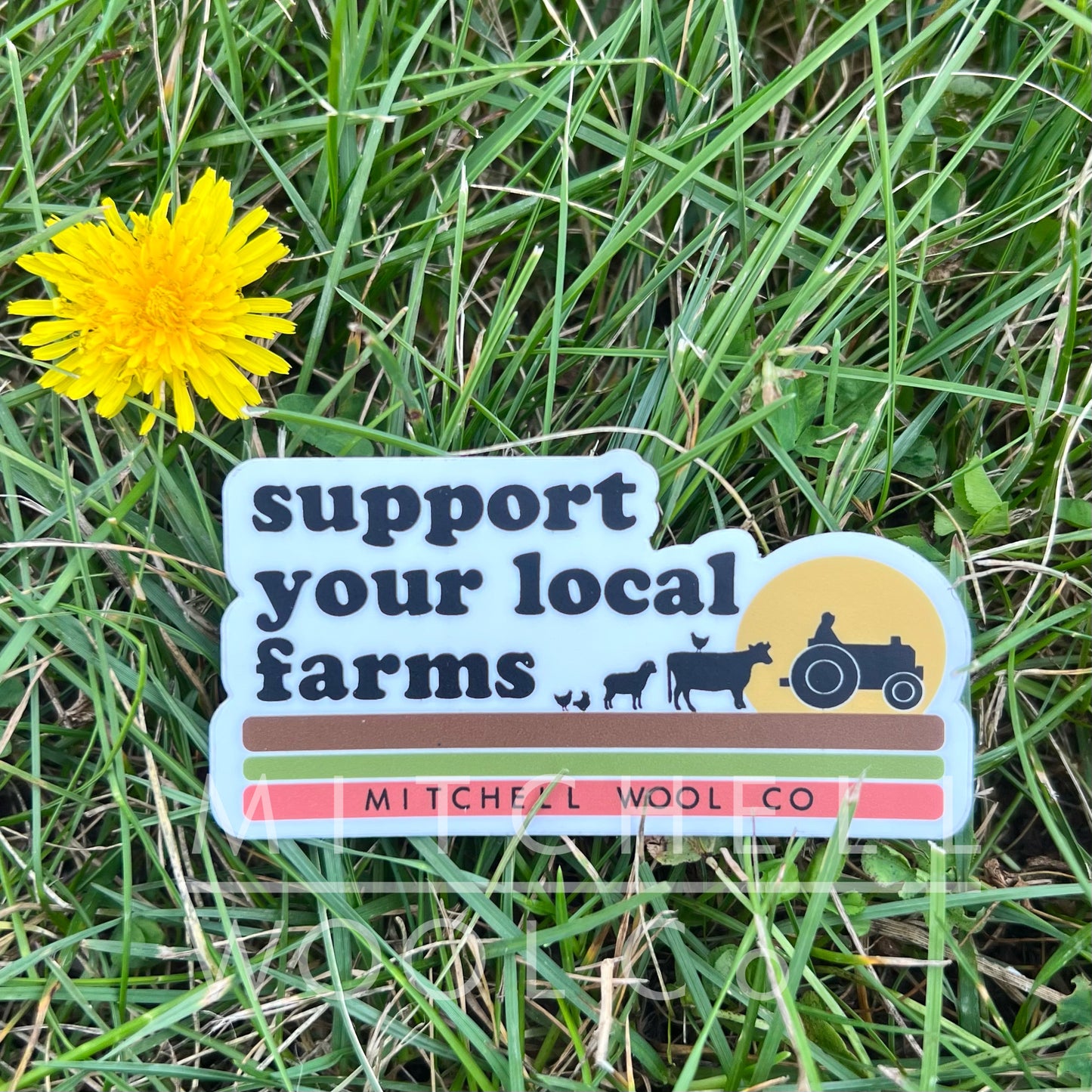 1.8 x 3.5" die cut sticker, that reads "support your local farms" with black silhouettes of farm animals following tractor with sunset and land in the design. 