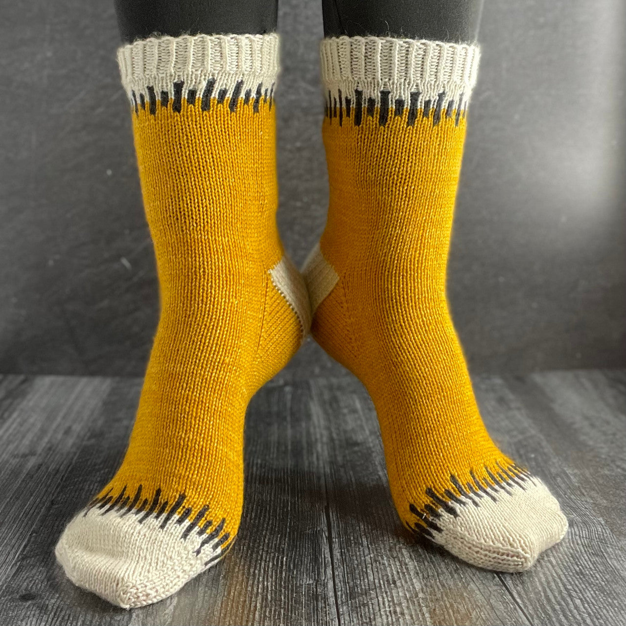 Megalith Socks - sock weight in 6 sizes by KinoKnits. Uses 400 yds main, perfect for using up stash as contrast