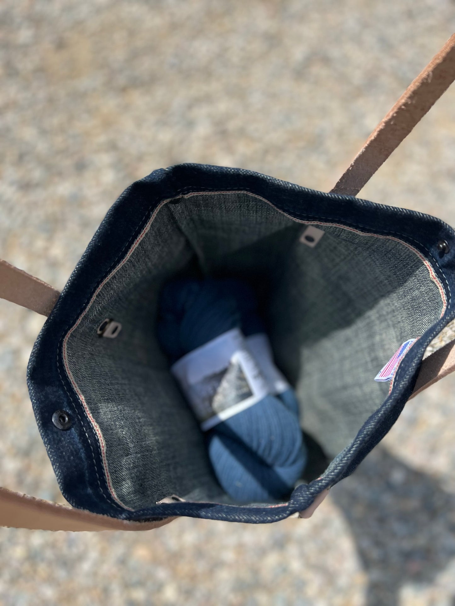 Inside the raw denim tote