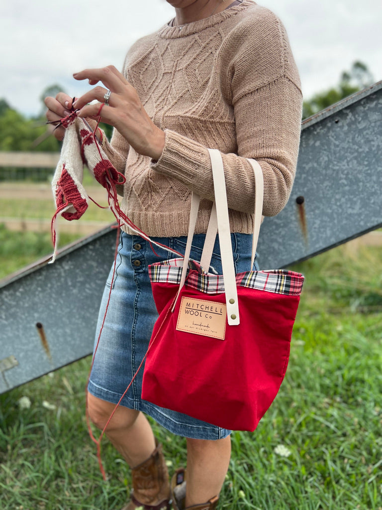 Sherry knits a dog sweater from the Red & Plaid Simple Tote