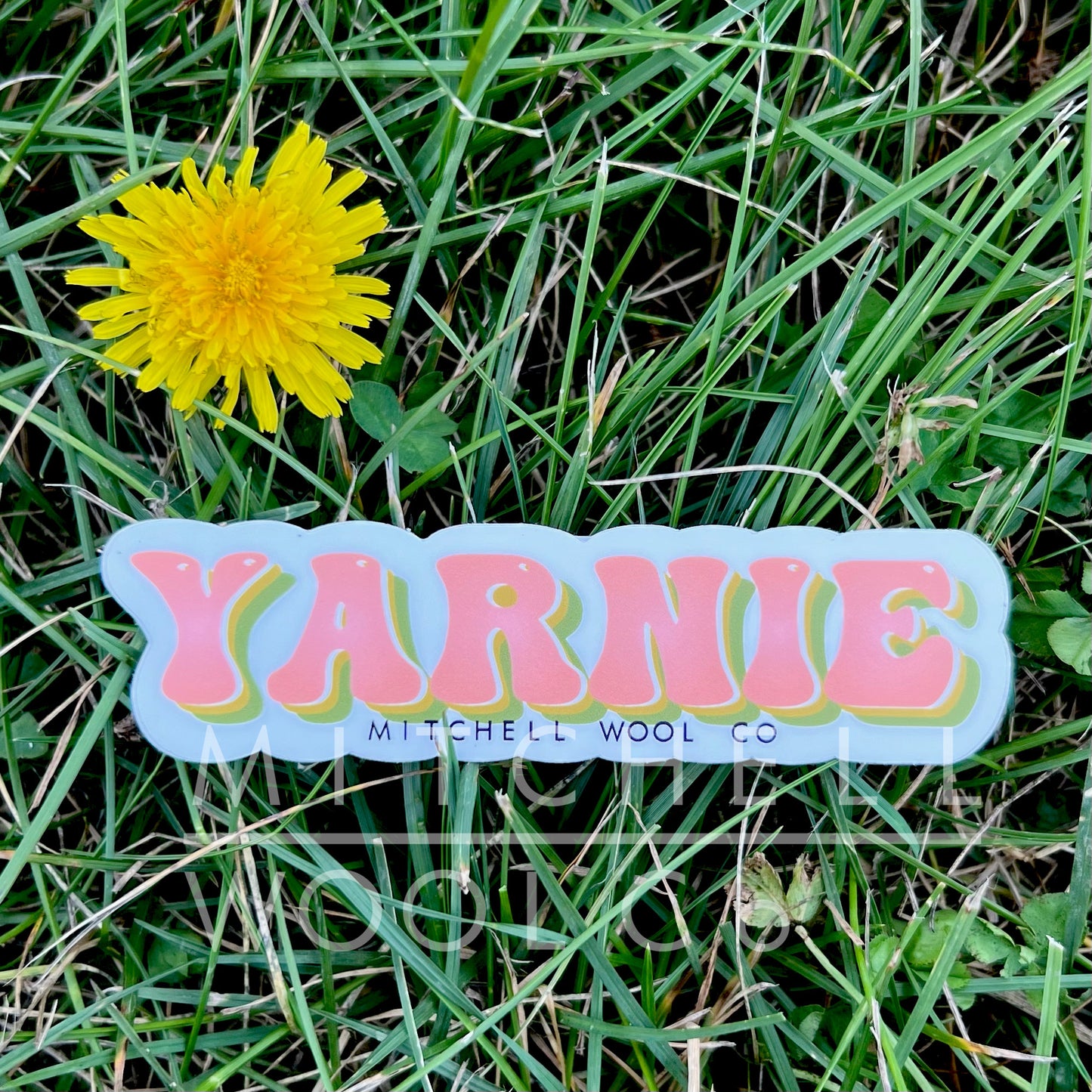YARNIE with mwc at the bottom in seventies font and bright colors