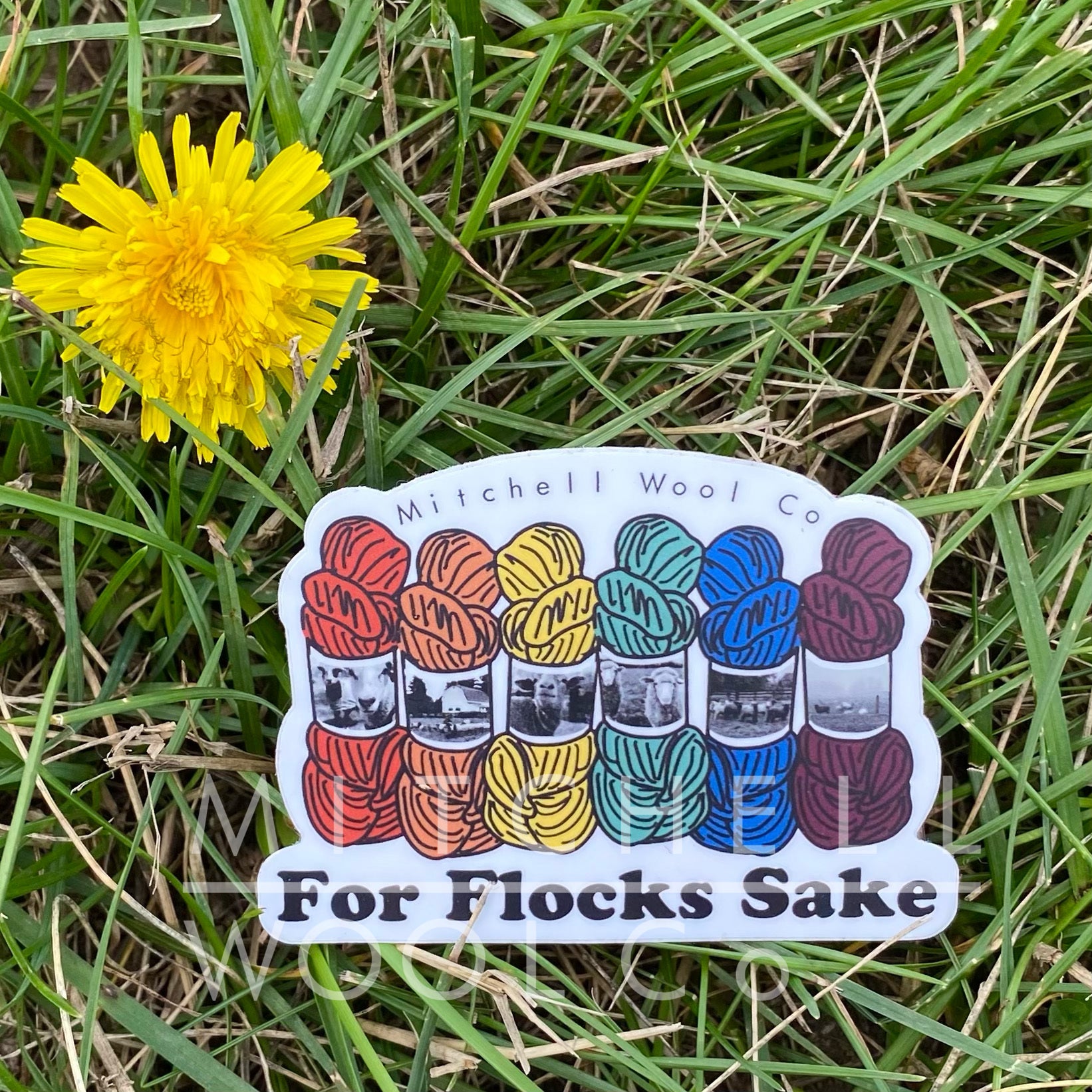 "for flocks sake" pride month sticker, with a row of rainbow yarn skeins, that measures 2.76 x 2"