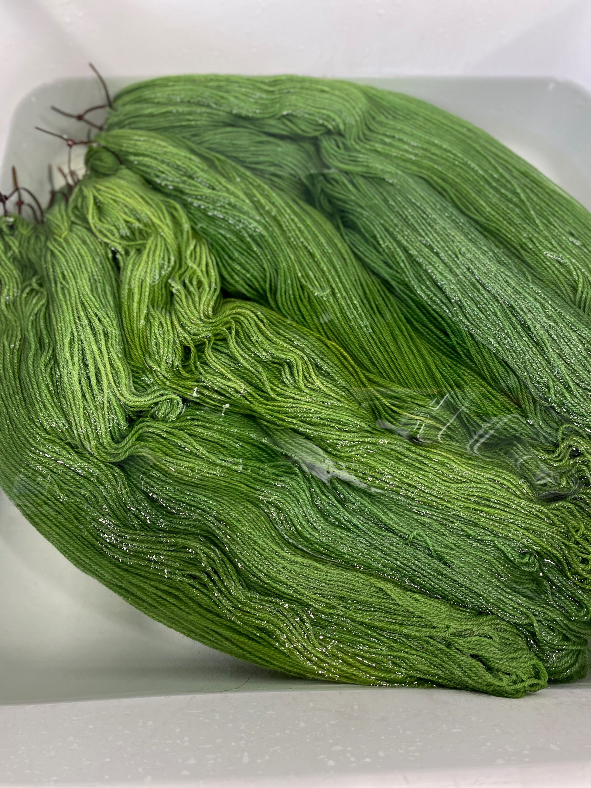 Pasture Green skeins- raised on the farm, dyed with plants rinse in clean water