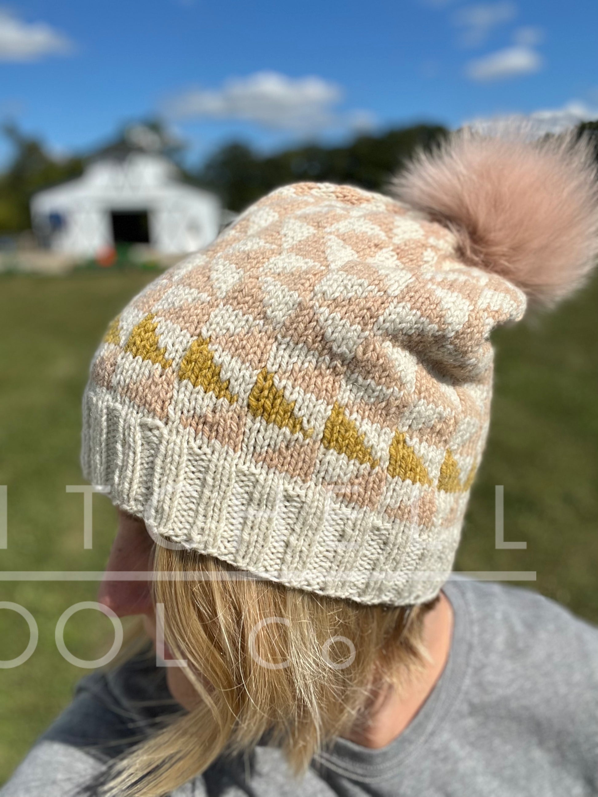 Sherry wears the Llariega hat knit by Jessica Lepak, pattern by Belen Fernandez. It is knit in our natural Raw Dk with Avocado and Marigold accents.This is version A of the pattern. 
