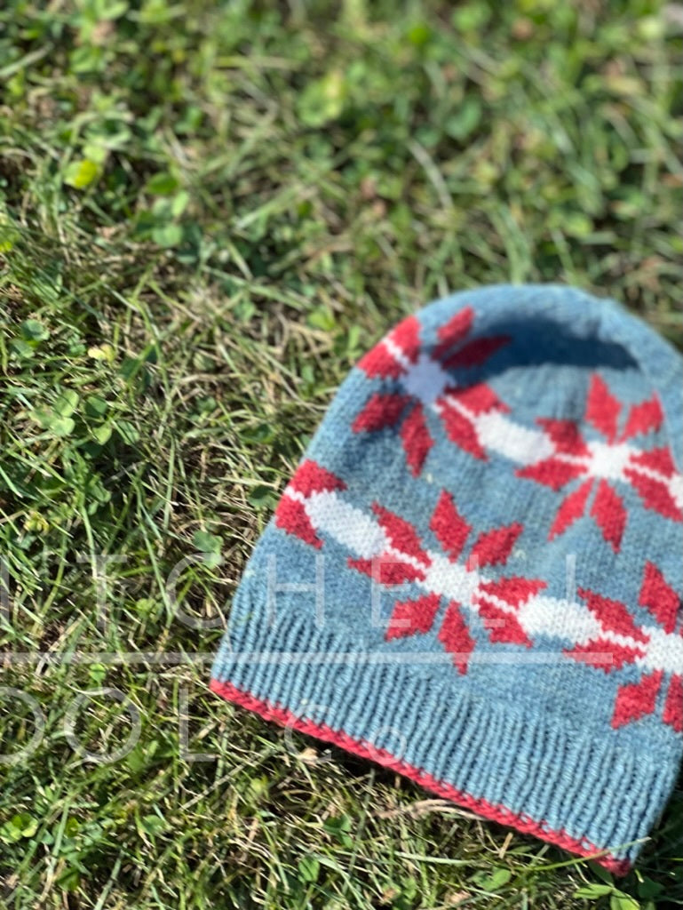 the Flaked hat by Amy Miller sits in the grass. It is knit in our Indigo over mint, Madder and Raw DK weight yarns