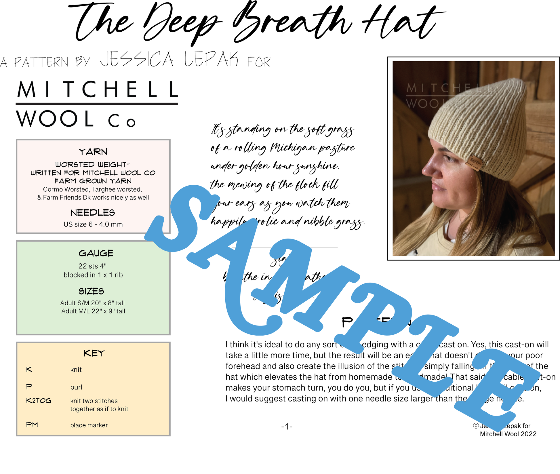 a sample of page one of the Deep Breath Hat knitting pattern