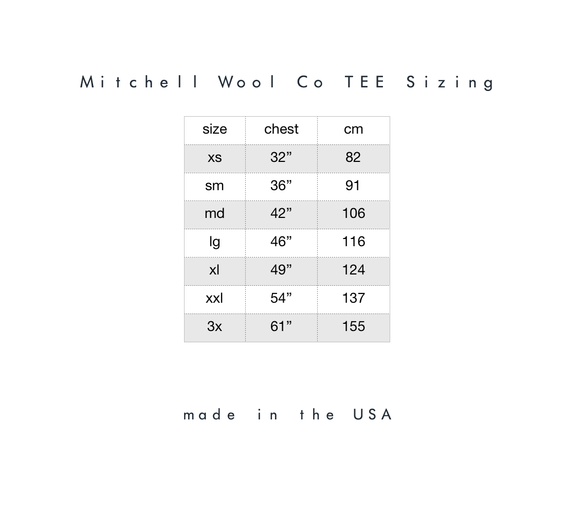 Mitchell TEE sizing Info - xs 32" sm 36" med 42" lg 46" xl 49" xxl 54" 3x 61”