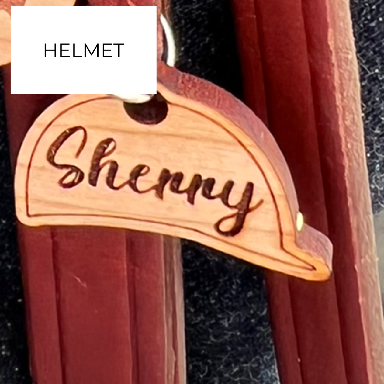 english helmet tack tag with script name