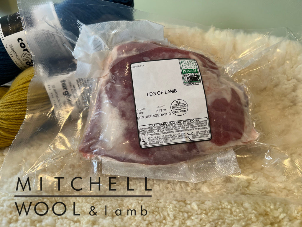 A single cut Leg of Lamb lovingly raised on Mitchell farm.  Sits a top a beautiful white wooly lamb pelt.