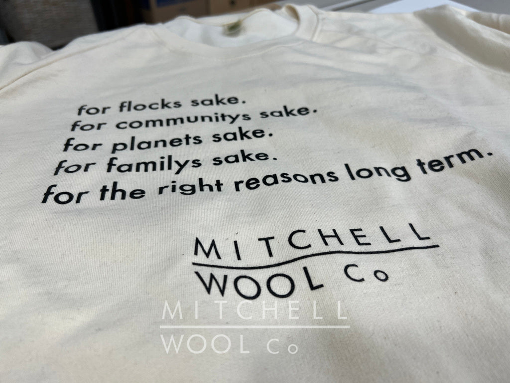 For flocks sake. for communitys sake. for planets sake. for familys sake. For the right reasons long term.   It's who we are and how we make decisions. It is our guiding ethos. - And it's screenprintted locally in black on our organic cotton natural sweatshirt that was made in the USA.