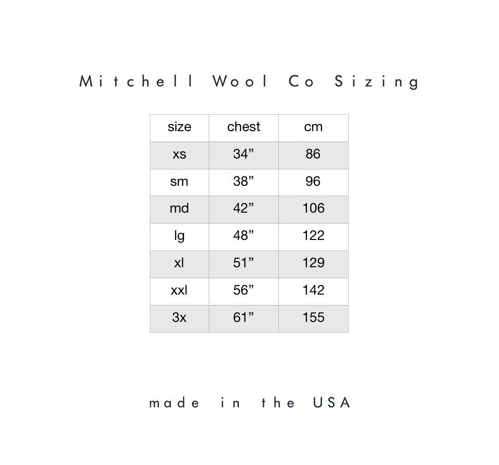 Mitchell sizing Info - xs 34" sm 38" med 42" lg 48" xl 51" xxl 56" 3x 61”